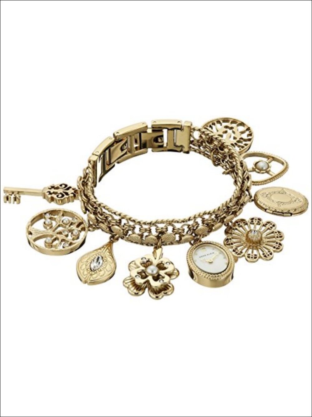 Mother-of-Pearl Dial Charm Bracelet Watch with Crystal Accents & Gold-Tone
